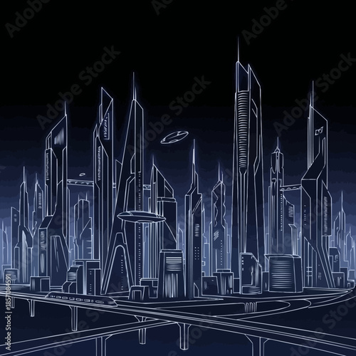 Futuristic City Skyline with Modern Skyscrapers and Elevated Roads.