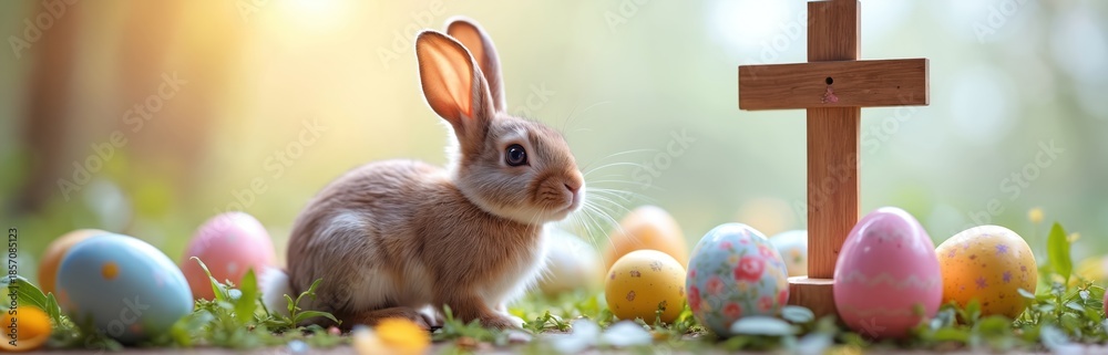 Obraz premium Fluffy bunny sits near wooden cross with painted eggs in green grass. Springtime symbols of Easter holiday celebration joy, nature, innocence, new life, and religious faith. Soft sunlight.