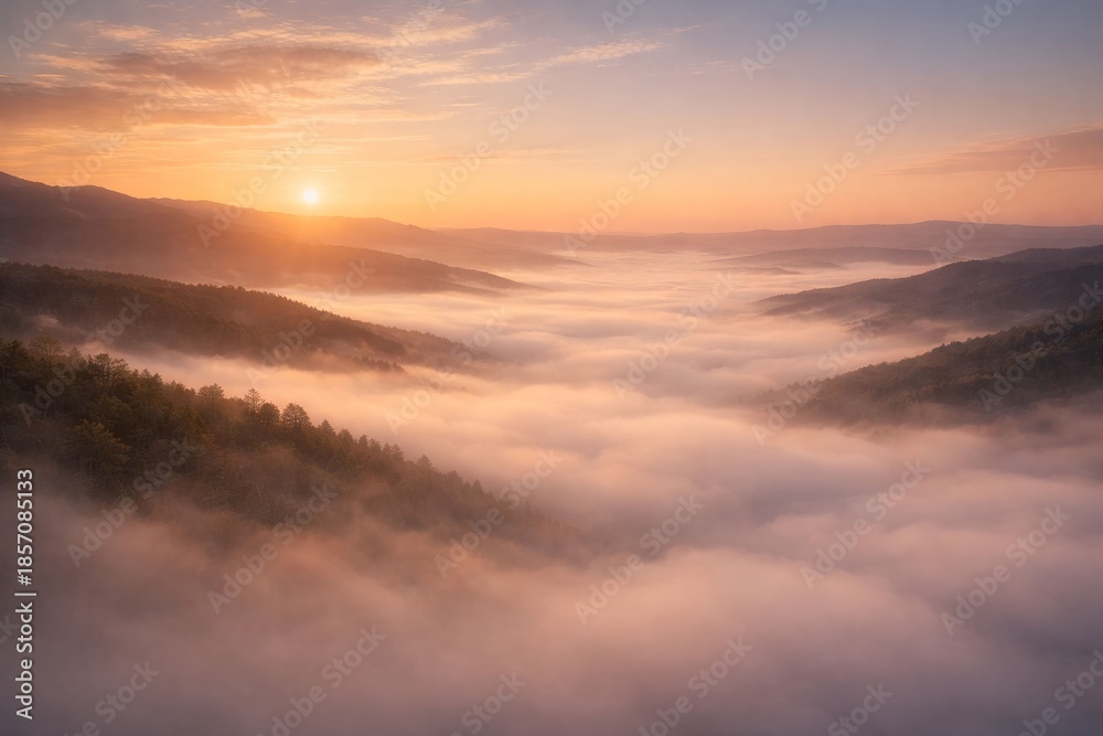 Obraz premium Minimal cinematic landscape of a foggy valley at sunrise, with soft golden light and layered mountains creating a calm atmosphere and large copy space for commercial use.