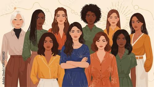 Group of diverse women standing together in colorful outfits 