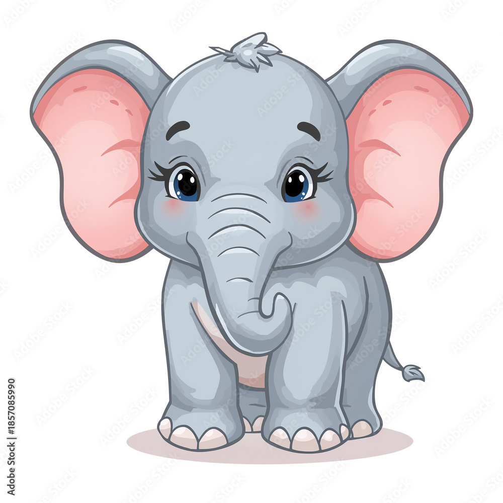 Fototapeta premium Cute Baby Elephant Cartoon Character with Big Ears and Blue Eyes