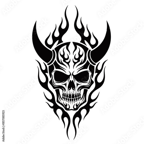 Tribal style black and white illustration of a horned skull with flames, depicting a demonic or devilish motif.