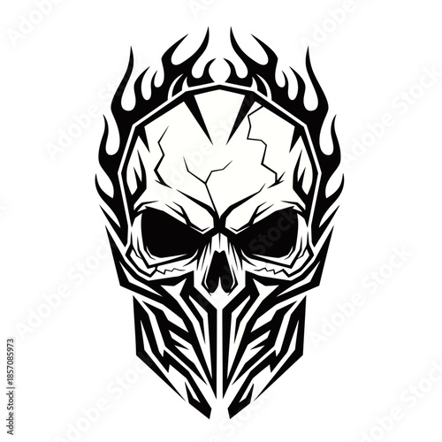 A striking black and white tribal tattoo design featuring a skull with flames and intricate patterns.