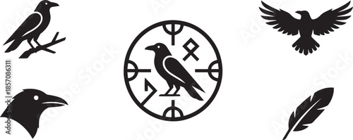 Collection of simple raven symbol vector illustration on transparent background