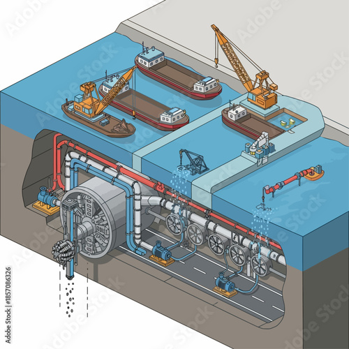 Isometric cutaway illustration of an underwater tunnel construction site with a tunnel boring machine, barges, and support infrastructure.