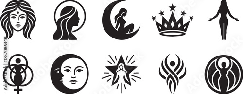 Feminine symbols collection woman power sacred shapes celestial moon crown figure