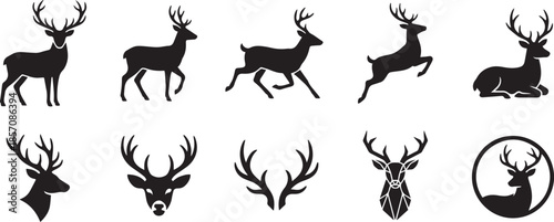 Silhouette of majestic deer in various poses isolated on transparent background