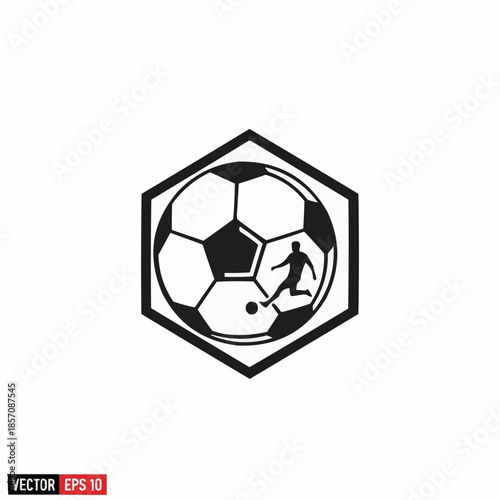 Soccer Ball with Player Silhouette Inside Hexagon Emblem.