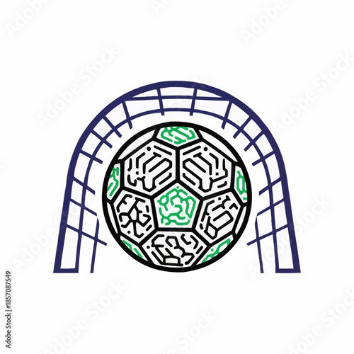 Stylized soccer ball with intricate patterns inside a goal net.