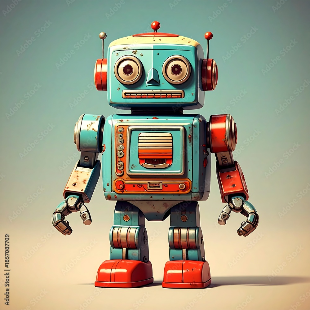 Fototapeta premium A colorful, slightly rusty, retro-style robot stands on a neutral surface with a light blue backdrop
