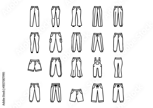Modern Trousers & Pants Vector Icon Set, Minimalist Bottomwear Apparel Graphics, Comprehensive Pants Silhouette & Fashion Pictogram Collection