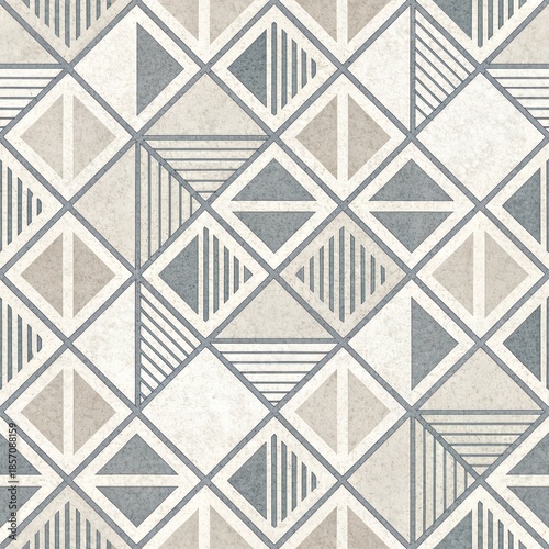 Seamless geometric pattern in muted blue beige and white tones featuring diamond and triangle shapes