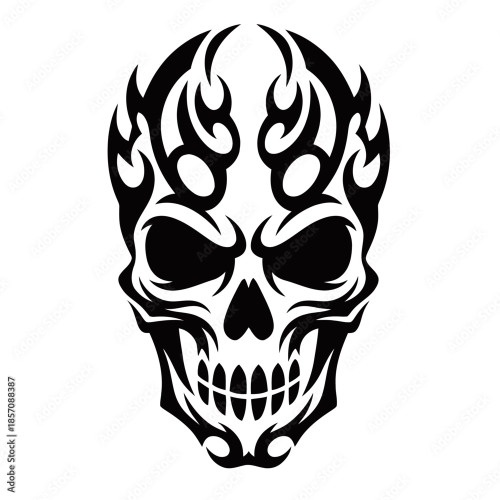 Fototapeta premium A black and white tribal flame skull graphic design, symbolizing danger and rebellion.