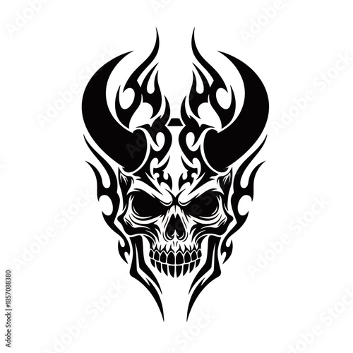 A striking black and white tribal tattoo design featuring a demonic skull with horns and flames.