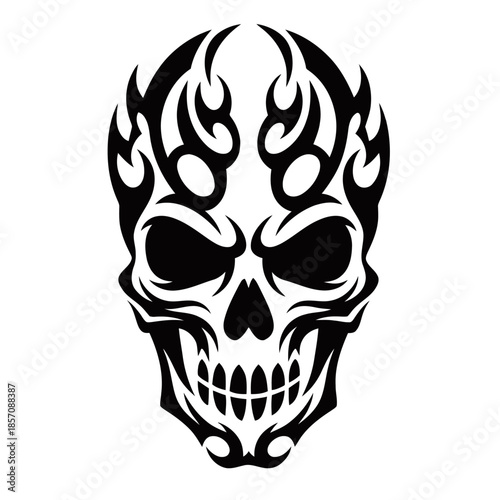 A black and white tribal flame skull graphic design, symbolizing danger and rebellion.