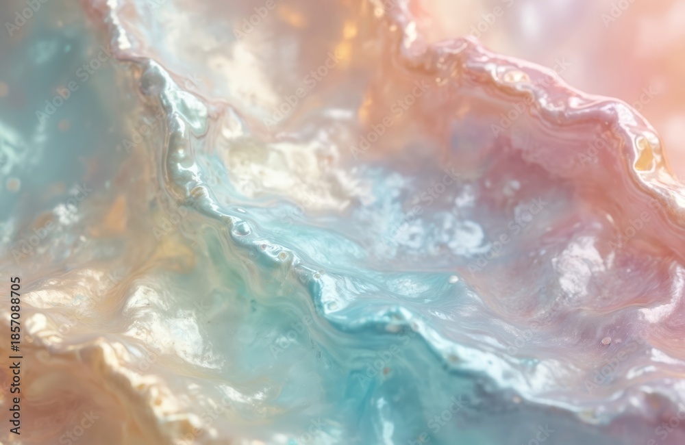 Fototapeta premium Closeup abstract colorful iridescent surface with gentle wave patterns. Shimmering mother of pearl effect in pastel shades like pink blue and gold creates elegant texture backdrop.