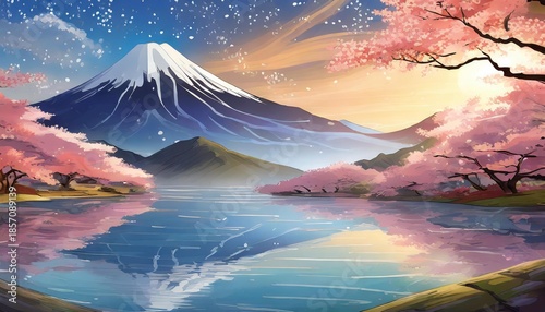 桜と湖のある美しい風景