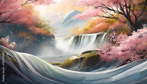 桜と川がある綺麗な風景