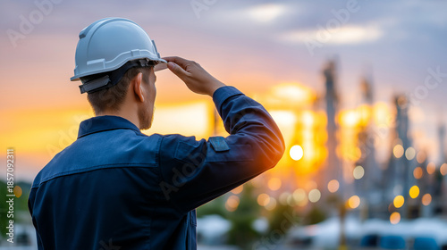 Engineer looking at manufacturing company yard faceless, sunset lighting, industrial facility view, petrochemical plant, defocused background, with copy space