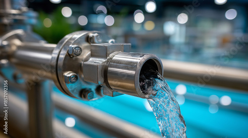 Raw water transfer pipe in purification plant, industrial infrastructure, water treatment facility, processing equipment, defocused background, with copy space