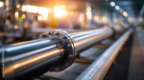 Raw water transfer pipe in purification plant, industrial infrastructure, water treatment facility, processing equipment, defocused background, with copy space