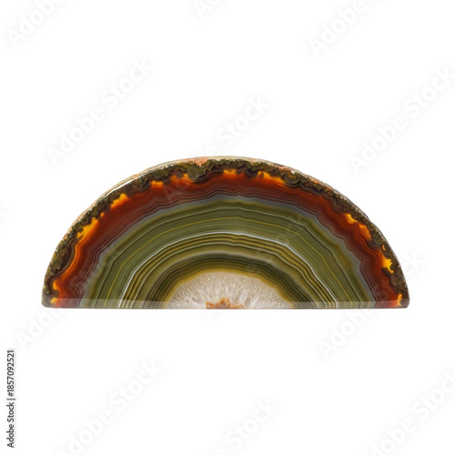 Beautifully banded slice of agate with vibrant green, orange, and brown layers, showcasing its intricate natural patterns and polished surface on a white background