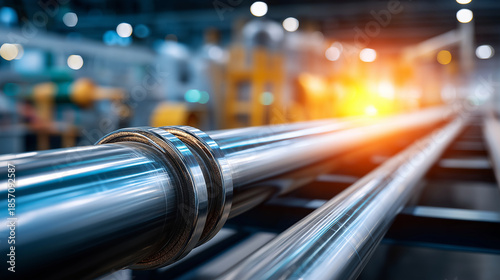 Energy pipe lines of petroleum factory, industrial infrastructure, manufacturing facility, processing equipment, defocused background, with copy space