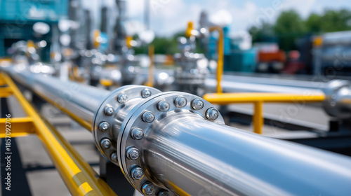 Energy pipe lines of petroleum factory, industrial infrastructure, manufacturing facility, processing equipment, defocused background, with copy space