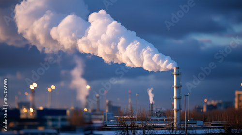 Advanced energy industry building with carbon-free chimney, sustainable and clean energy, clean new power plant facility, defocused surroundings, with copy space