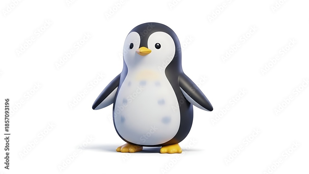 Fototapeta premium A cute 3D rendered cartoon penguin with a yellow beak and feet stands upright on a white background.