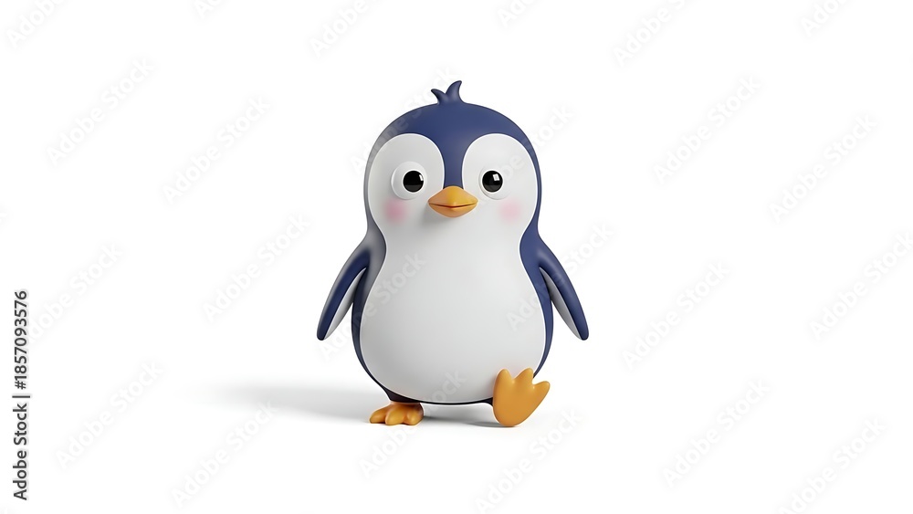 Obraz premium Adorable cartoon penguin with blue and white feathers, orange beak and feet, standing on a clean white background, looking forward with a cute expression.
