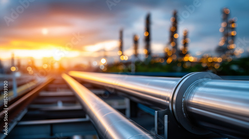 Industrial pipelines, industrial view at refinery plant from industry zone, manufacturing facility, petrochemical infrastructure, defocused background, with copy space
