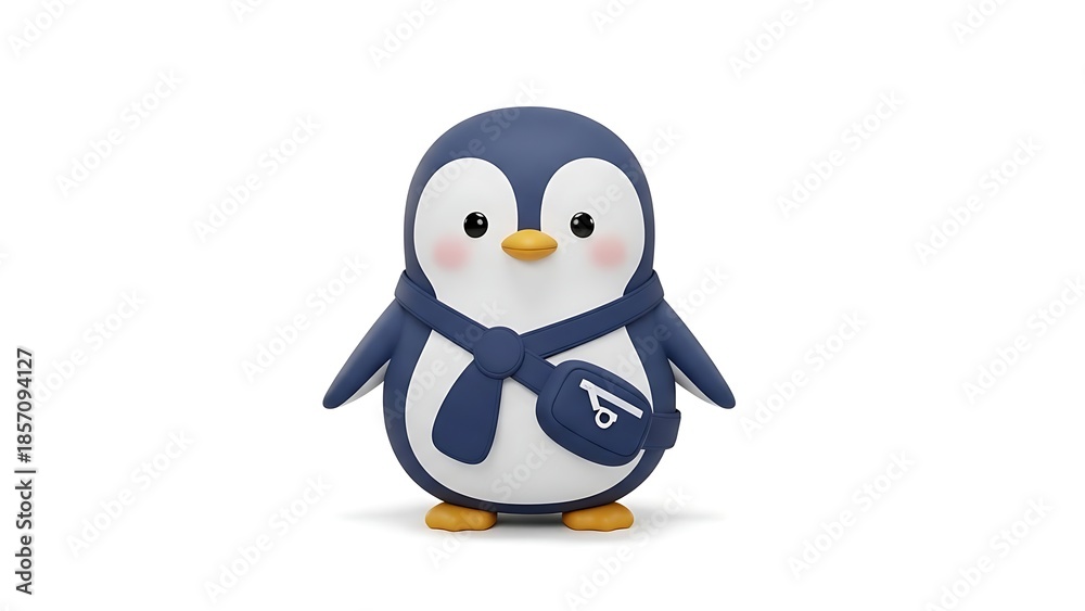 Obraz premium Adorable cartoon penguin figurine wearing a blue scarf and shoulder bag on a white background.