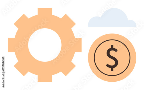 Large orange gear, cloud, and dollar coin symbolizing innovation, profitability, teamwork, and cloud solutions. Ideal for technology, finance, economy productivity strategy planning simple flat