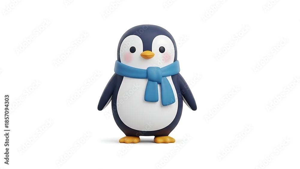 Fototapeta premium A cute cartoon penguin character wearing a blue scarf, standing on a white background.