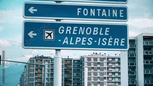 Road signs pointing to Grenoble Alpes Isere airport with alpine mountains and urban buildings