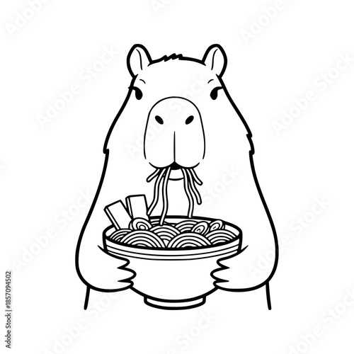 An illustration of a Capybara enthusiastically eating ramen, a comical portrayal that blends the charm of wildlife with the comfort of delicious food. vector illustration