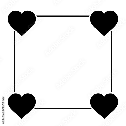 A minimalist illustration presents a clean square frame embellished with four bold, black hearts, creating a modern and versatile graphic for expressing sentiments. vector illustration