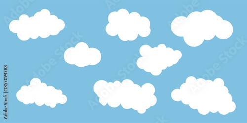 Set of white cloud icons on a blue background with varied shapes and sizes, arranged in a grid layout. Simple and clean cloud design suitable for weather, sky, and atmospheric themes.