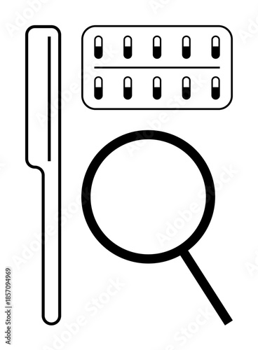 Magnifying glass, thermometer, pill blister pack highlight precision, healthcare, diagnostics. Ideal for medical care, research, pharmacy, prevention treatment wellness simple flat metaphor