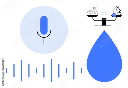 Voice recognition technology. Modern graphic showing voice recording, money decisions, and water conservation aligned with sustainability practices. For technology, finance, eco-living, AI