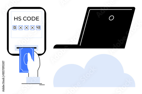 Online payments, data security, e-commerce, cloud technology, virtual transactions, digital wallets. A hand inserting a card into a virtual payment screen next to a laptop and cloud icon. Online