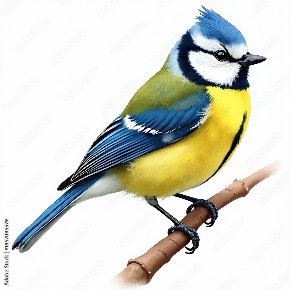 Obraz premium Colorful blue tit bird rests on thin branch. Small wild animal with blue yellow white feathers, detailed illustration. Nature study clip art.