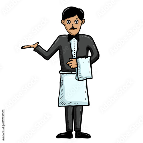 Illustration of Waiter in Apron and Towel
