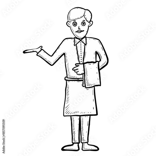 Sketch Illustration of Waiter in Apron and Towel