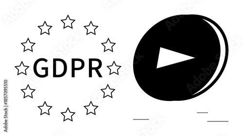 Data protection, digital privacy, legal frameworks, online security, GDPR compliance, media streaming. GDPR stars encircling text and a play button. Data protection and digital privacy