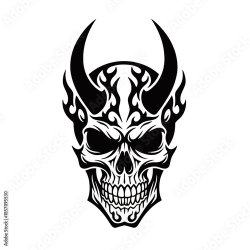 A striking black and white illustration of a demonic skull with fiery accents and large curved horns.