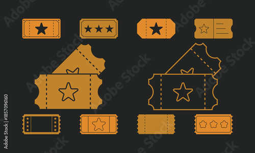 Golden Movie Ticket Icon Set – Star Rated Admit One Vouchers on Dark Background