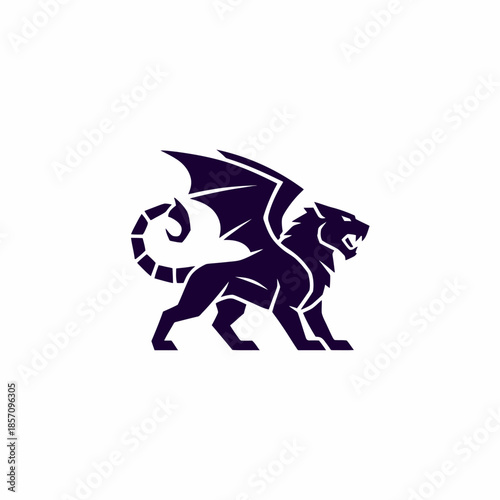 Mythical Winged Lion Creature Silhouette Dark Blue.