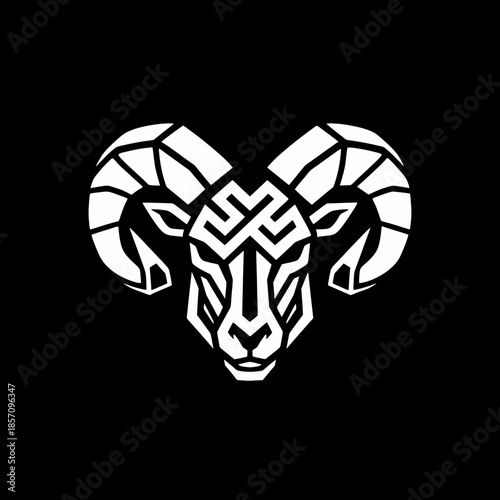 Stylized geometric ram head with intricate patterns on a black background.